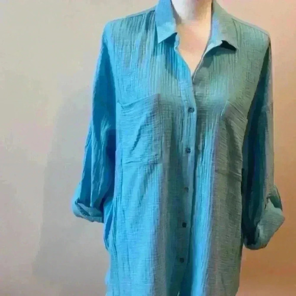 NWT!  MAGASCHONI Aqua Cotton Tunic Top Shirt Blouse Size Large AMAZING! - Picture 1 of 16